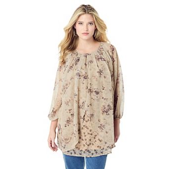 Roaman's Women's Plus Size Blouson Sleeve Overlay Blouse