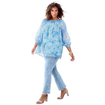 Roaman's Women's Plus Size Blouson Sleeve Overlay Blouse