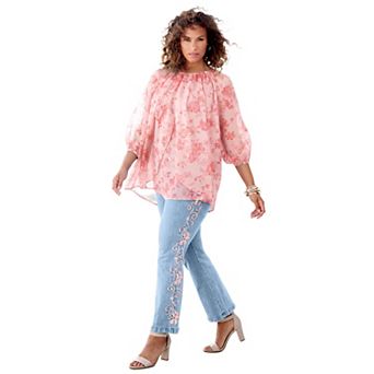 Roaman's Women's Plus Size Blouson Sleeve Overlay Blouse