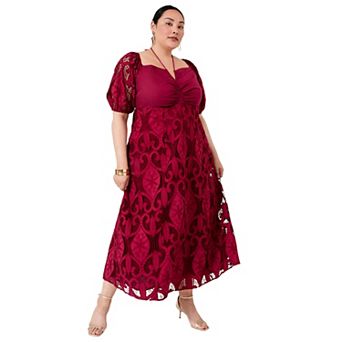 June + Vie Women's Plus Size Eyelet Sleeve Peasant Dress