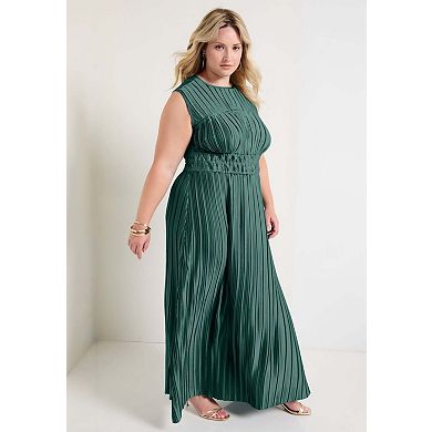 June & Vie Women's Plus Size Boatneck Plisse Cap-Sleeve Maxi Dress