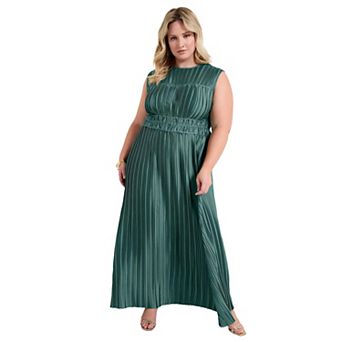 June + Vie Women's Plus Size Boatneck Plisse Cap-Sleeve Maxi Dress