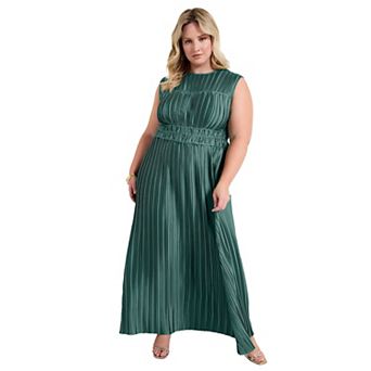 June + Vie Women's Plus Size Boatneck Plisse Cap-Sleeve Maxi Dress
