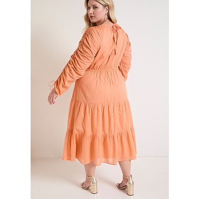 June + Vie Women's Plus Size Cotton Voile Ruched Midi Dress