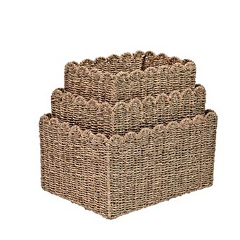 Arden Coastal Cottage Seagrass Scalloped Rectangular Organizing Storage Baskets