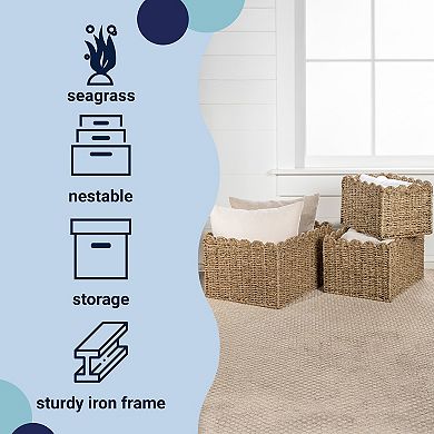 Arden Coastal Cottage Seagrass Scalloped Rectangular Organizing Storage Baskets