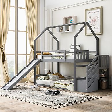 Merax Twin over Twin House Bunk Bed with Convertible Slide,Storage Staircase