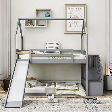 Merax Twin over Twin House Bunk Bed with Convertible Slide,Storage Staircase