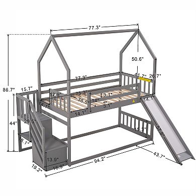 Merax Twin over Twin House Bunk Bed with Convertible Slide,Storage Staircase