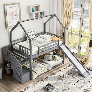 Merax Twin over Twin House Bunk Bed with Convertible Slide,Storage Staircase