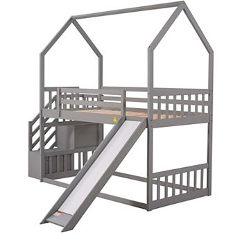 Merax Twin over Twin House Bunk Bed with Convertible Slide,Storage Staircase