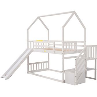 Merax Twin over Twin House Bunk Bed with Convertible Slide,Storage Staircase