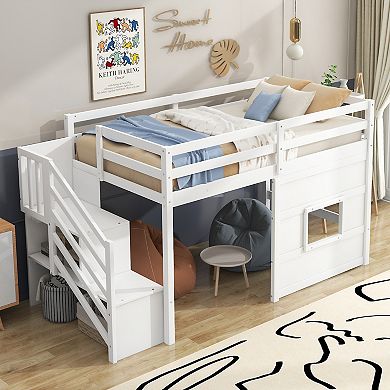 Merax Loft Bed with Storage Staircase and Window