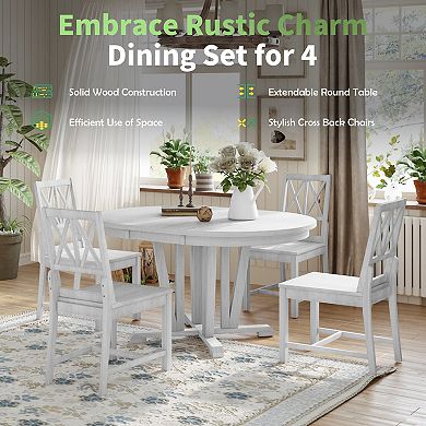 Merax Rustic 5-Piece Extendable Dining Table Set Round Trestle Table and 4 Cross Back Dining Chairs