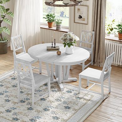 Merax Rustic 5-Piece Extendable Dining Table Set Round Trestle Table and 4 Cross Back Dining Chairs