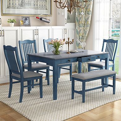Merax Mid-Century 6-Piece Wood Dining Table Set, Kitchen Table Set with Drawer