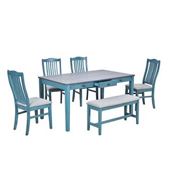 Merax Mid-Century 6 pc Wood Dining Table Set, Kitchen Table Set with Drawer