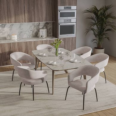 Dining Chair in Leather Velvet with Open Curved Backrest in Iron Set of 4