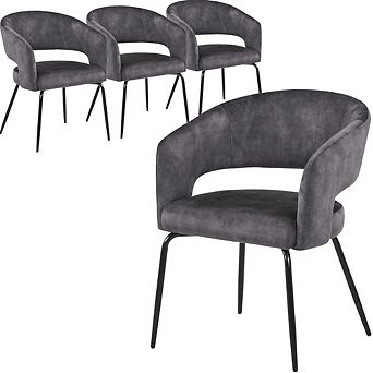Dining Chair in Leather Velvet with Open Curved Backrest in Iron Set of 4