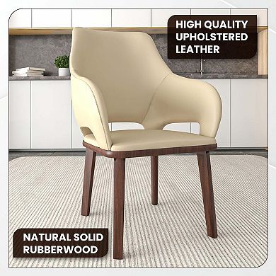 Leather Dining Chair With Arms and Rubberwood Base Set of 2