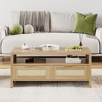 40 Inch Coffee Table, Farmhouse Center Table with 2 Drawers and Open Shelf