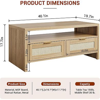 40 Inch Coffee Table, Farmhouse Center Table with 2 Drawers and Open Shelf