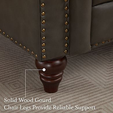 PU Vintage Couch, Flared Arms, Rubberwood Legs & Nailhead Trim