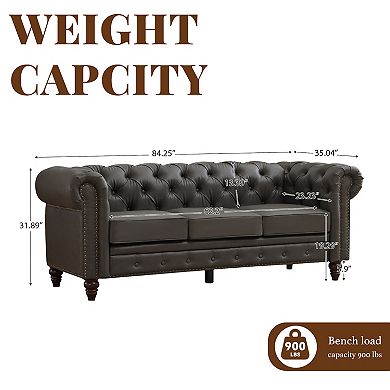 PU Vintage Couch, Flared Arms, Rubberwood Legs & Nailhead Trim