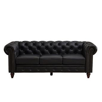 PU Vintage Couch, Flared Arms, Rubberwood Legs & Nailhead Trim