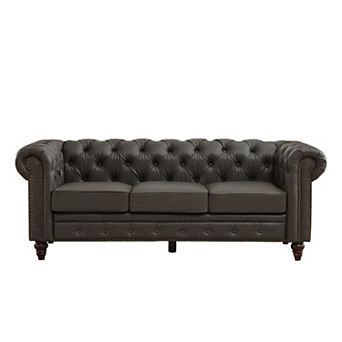 PU Vintage Couch, Flared Arms, Rubberwood Legs & Nailhead Trim