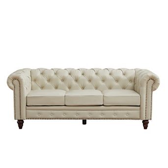 PU Vintage Couch, Flared Arms, Rubberwood Legs & Nailhead Trim