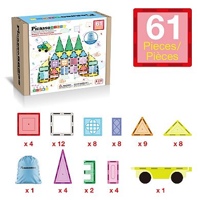 PicassoTiles 61-Piece Magnetic Building Blocks Set STEM Toy with Storage Bag