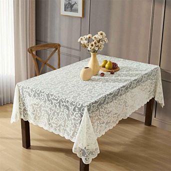 HLC.ME Scroll Lace Fabric Tablecloth, Rectange Table Cloth, Wrinkle Resistant Tablecloth, Scalloped