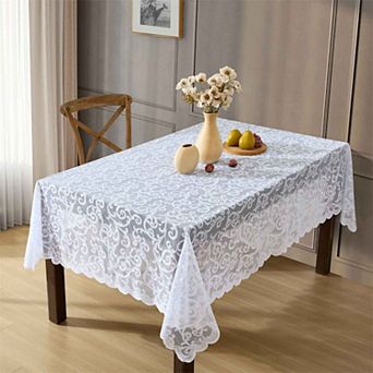 HLC.ME Scroll Lace Fabric Tablecloth, Rectange Table Cloth, Wrinkle Resistant Tablecloth, Scalloped