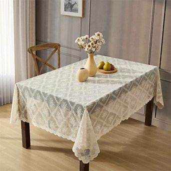 HLC.ME Isabella Floral Lace Fabric Tablecloth, Rectange Table Cloth, Wrinkle Resistant, Scalloped