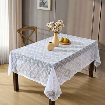 HLC.ME Isabella Floral Lace Fabric Tablecloth, Rectange Table Cloth, Wrinkle Resistant, Scalloped