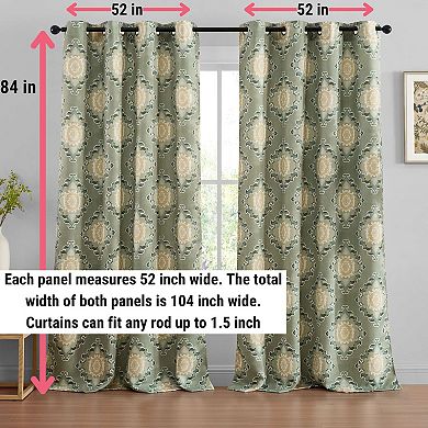HLC.ME Liam Ogee Damask Grommet Curtains - Light Filtering Darkening Window Panels, Set of 2