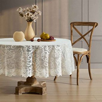 HLC.ME Scroll Lace Fabric Tablecloth, Round Table Cloth, Wrinkle Resistant Tablecloth, Scalloped