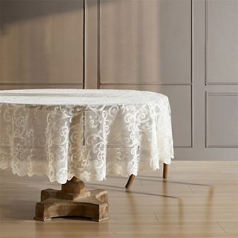 HLC.ME Scroll Lace Fabric Tablecloth, Round Table Cloth, Wrinkle Resistant Tablecloth, Scalloped