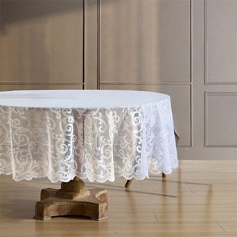 HLC.ME Scroll Lace Fabric Tablecloth, Round Table Cloth, Wrinkle Resistant Tablecloth, Scalloped