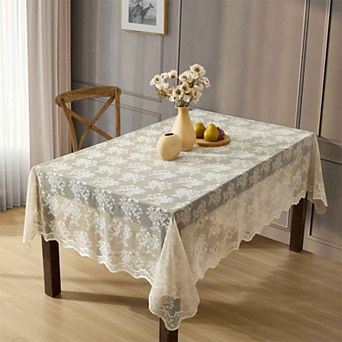 HLC.ME Jolene Floral Lace Fabric Tablecloth, Rectange Table Cloth, Wrinkle Resistant, Scalloped