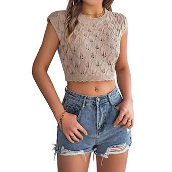 Women's Summer Tank Tops Sleeveless Cropped Ribbed Knit Crochet Hollow Out Shirts