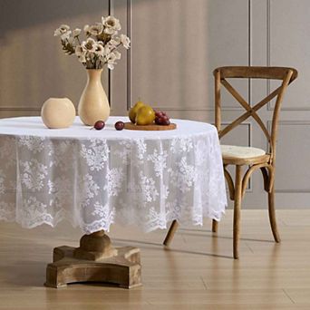 HLC.ME Jolene Floral Lace Fabric Tablecloth, Round Table Cloth, Wrinkle Resistant, Scalloped