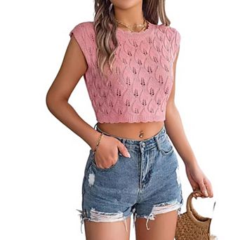 Women's Summer Tank Tops Sleeveless Cropped Ribbed Knit Crochet Hollow Out Shirts