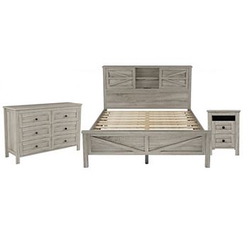 Merax 3 pc Bedroom Sets Queen Size Farmhouse Platform Bed with Storage Nightstand and Dresser