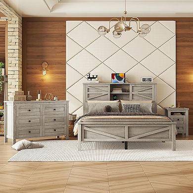 Merax 3-Pieces Bedroom Sets Queen Size Farmhouse Platform Bed with Storage Nightstand and Dresser