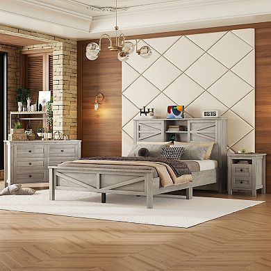 Merax 3-Pieces Bedroom Sets Queen Size Farmhouse Platform Bed with Storage Nightstand and Dresser