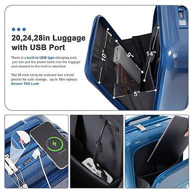 Merax Hard Shell Luggage with Spinner Wheels, 20, 24, 28inch with USB Port