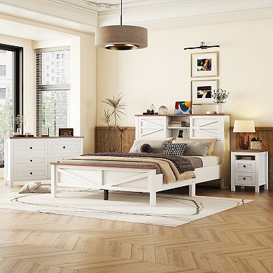 Merax 3-Pieces Bedroom Sets Queen Size Farmhouse Platform Bed with Storage Nightstand and Dresser