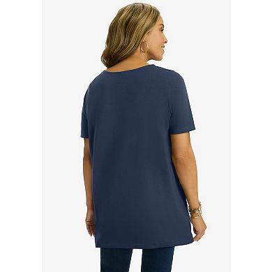 Jessica London Women's Plus Size Stretch Cotton Studded Square Neck Tunic